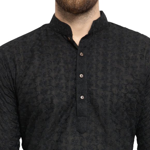 Designer Black Cotton Chikankari Lucknowi Jaal Embroidered Kurta for Men - Picture 5 of 6